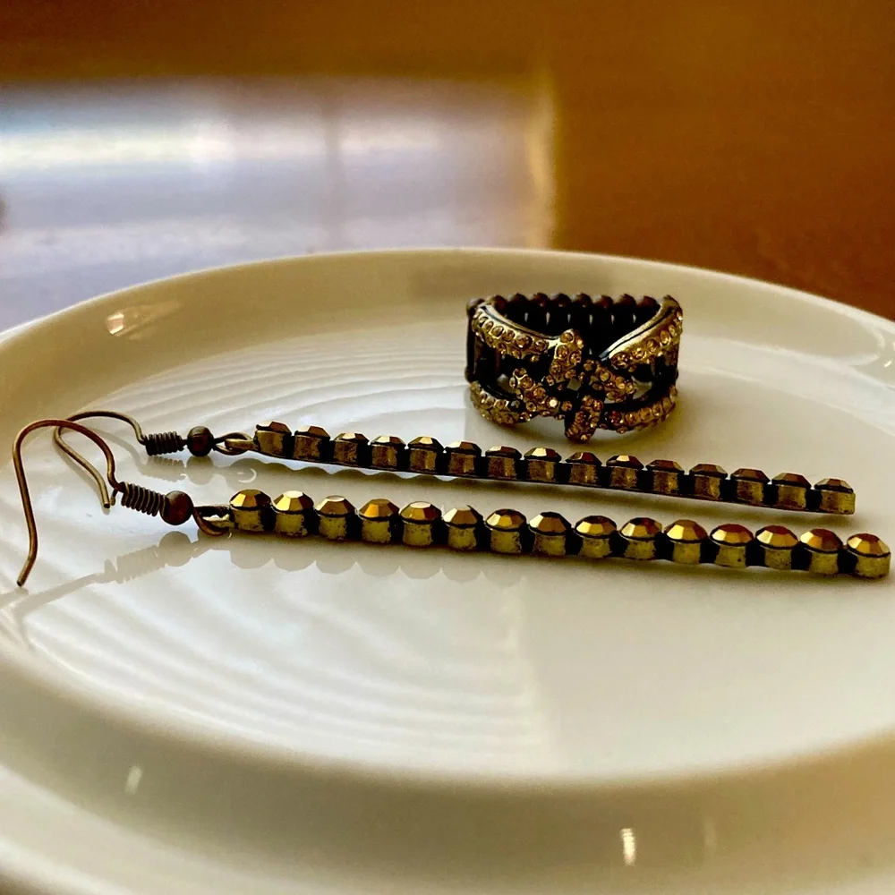 Bronze Rhinestone Ring & Earring Set - Picture 2 of 9